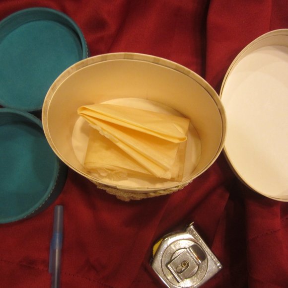 DECORATIVE BOXES, ONE BLUE FAUX LEATHER, ONE CREAM CLOTH & RIBBONS - Picture 5 of 7